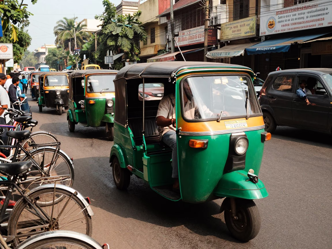 Vintage Auto-Rickshaw Weaving Through Busy Chennai Traffic in Early Afternoon in in Chennai, India