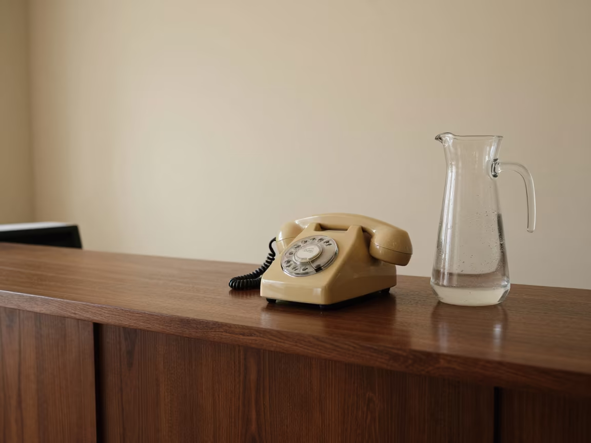 Vintage Bakelite Phone on Hotel Reception Desk in inside a banquet hall before service in Encarnacion