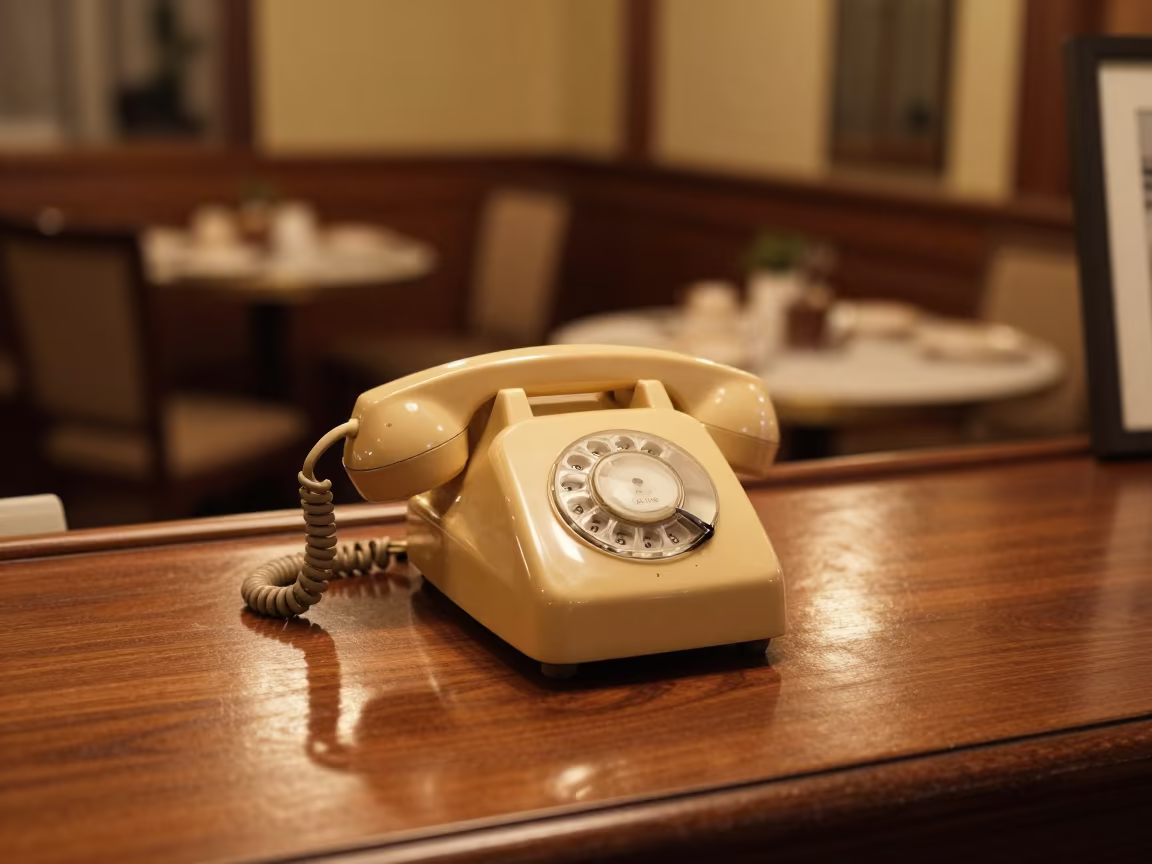 Vintage Bakelite Phone on Milan Hotel Desk in inside a breakfast room before opening near Milan