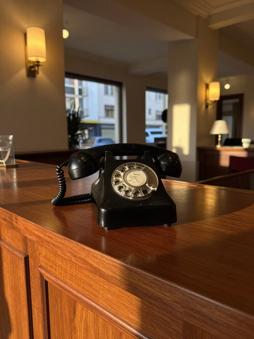 Vintage Bakelite Phone on São Paulo Hotel Desk in inside a hotel lobby in São Paulo