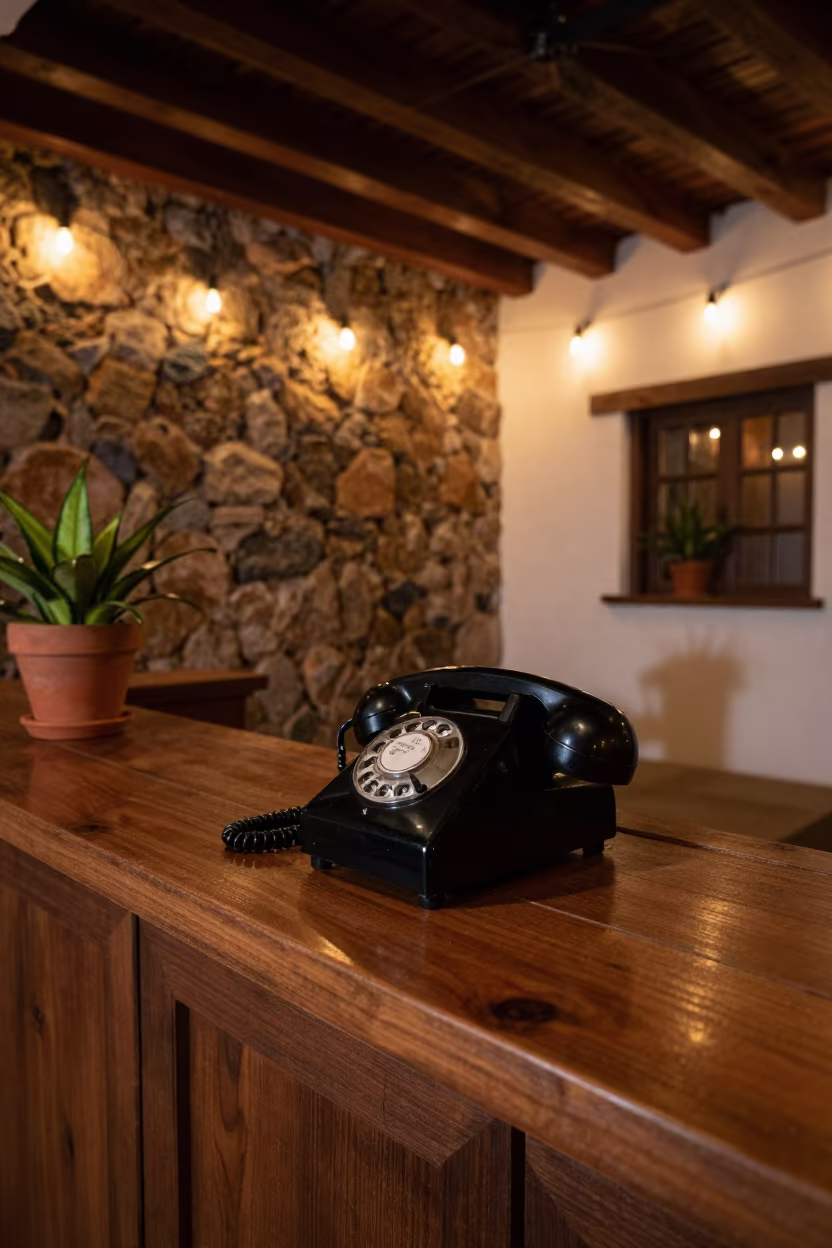 Vintage Bakelite Phone on Spa Reception Desk in inside a spa reception in Huehuetenango