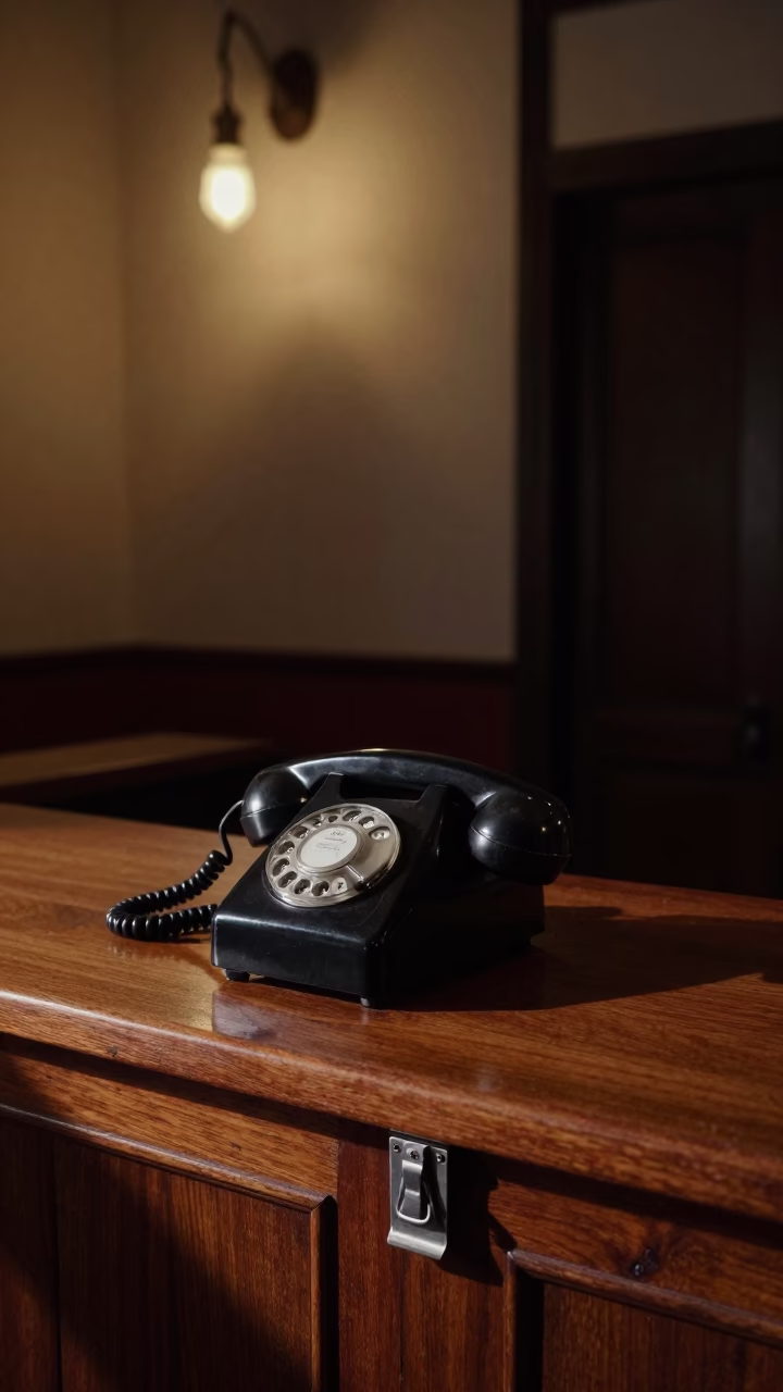 Vintage Bakelite Telephone and Brushed Steel Latch in Predawn Fez Morocco Hotel in in Fez, Morocco