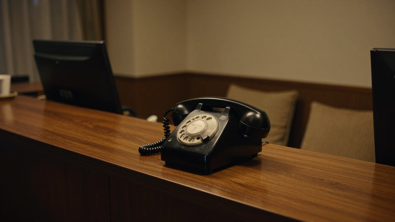 Vintage Bakelite Telephone and Cushions in a 1970s Osaka Hotel Lobby at Predawn in in Osaka, Japan