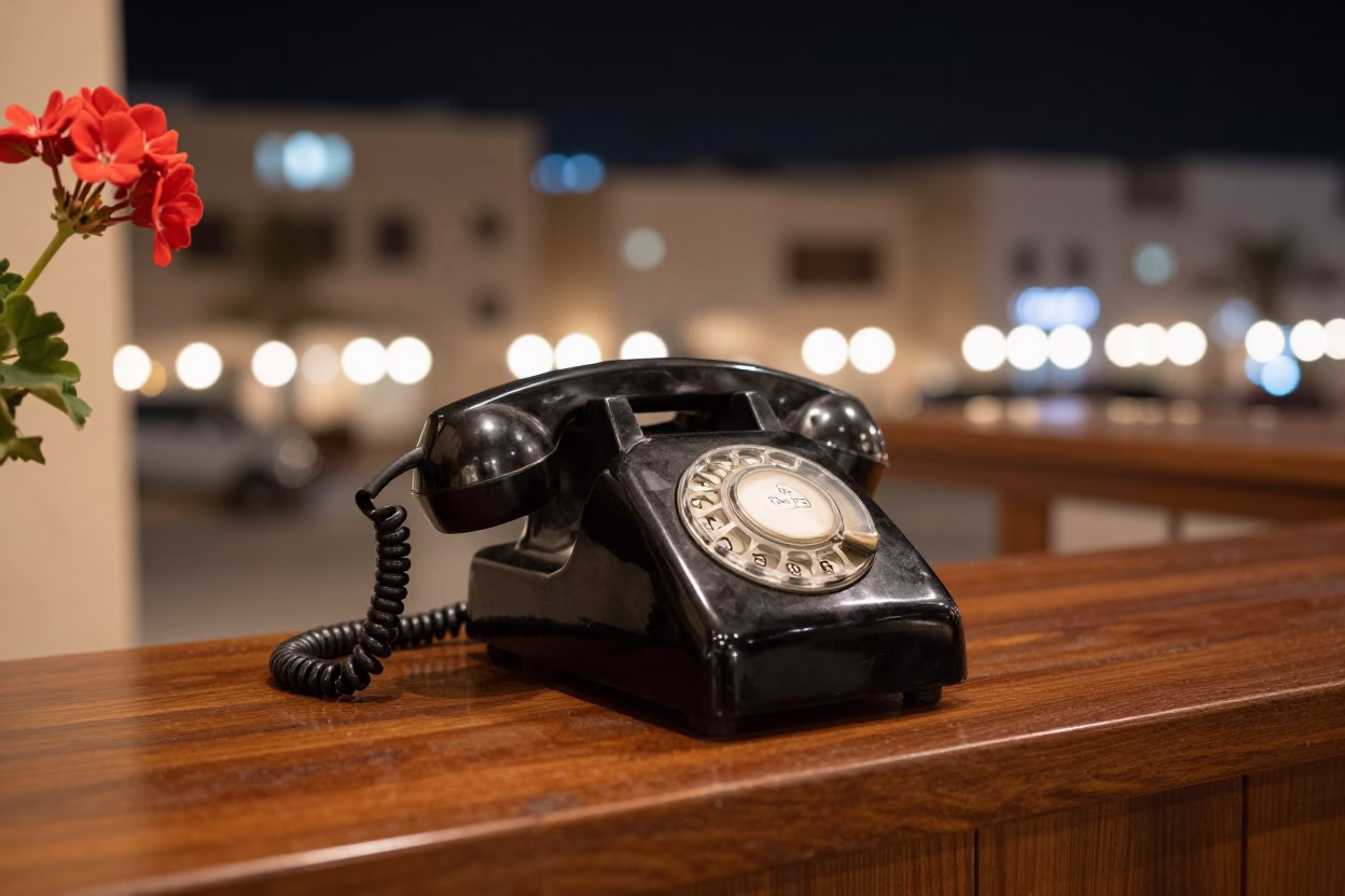 Vintage Bakelite Telephone and Geraniums on Muscat Hotel Reception Desk at Dusk in in Muscat, Oman