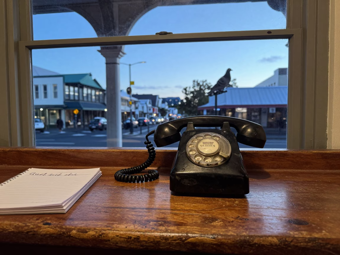 Vintage Bakelite Telephone and Pigeons in Christchurch New Zealand Blue Hour Street Scene in in Christchurch, New Zealand