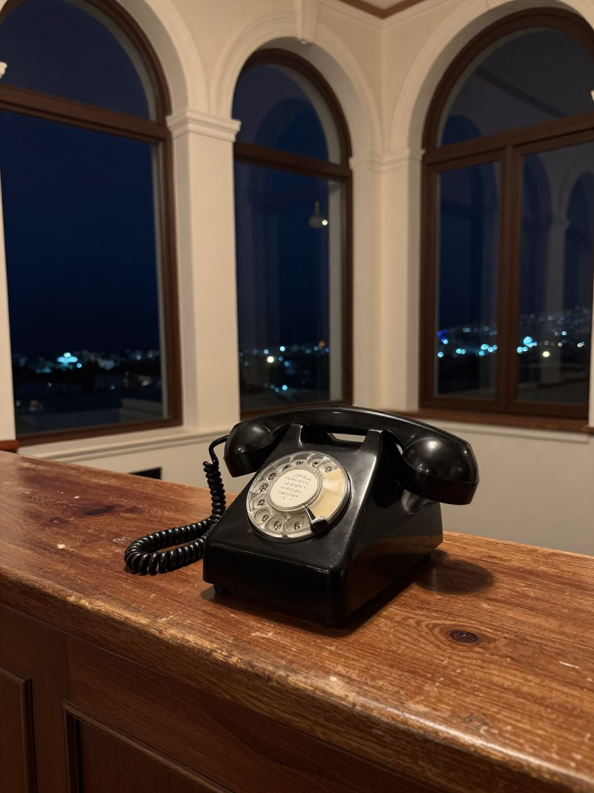 Vintage Bakelite Telephone on Athens Hotel Reception Desk Under Deep Night Sky in in Athens, Greece