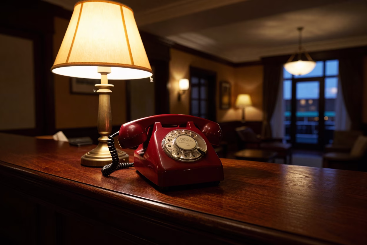 Vintage Bakelite Telephone on Hotel Reception Desk at Twilight in Portland Oregon in in Portland, Oregon, United States