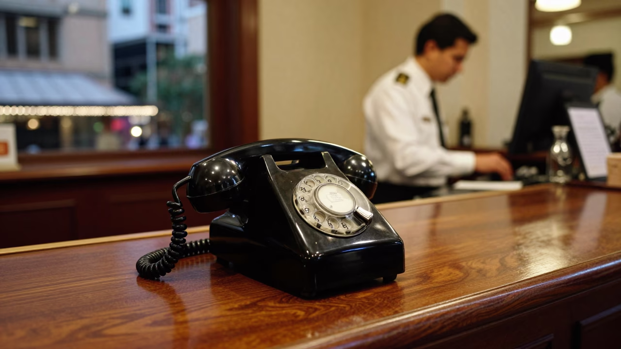 Vintage Bakelite Telephone on Hotel Reception Desk in Adelaide City Lights Glow in in Adelaide, South Australia, Australia