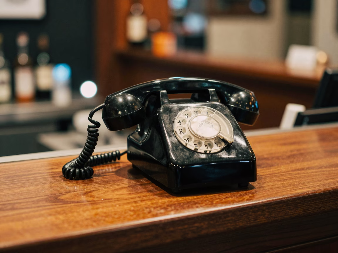 Vintage Bakelite Telephone on Hotel Reception Desk in Bilbao Spain at Dusk in in Bilbao, Spain