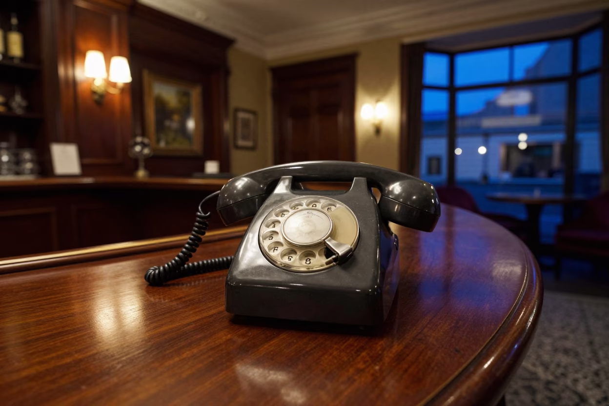 Vintage Bakelite Telephone on Hotel Reception Desk in Bristol Evening Blue Light in in Bristol, United Kingdom