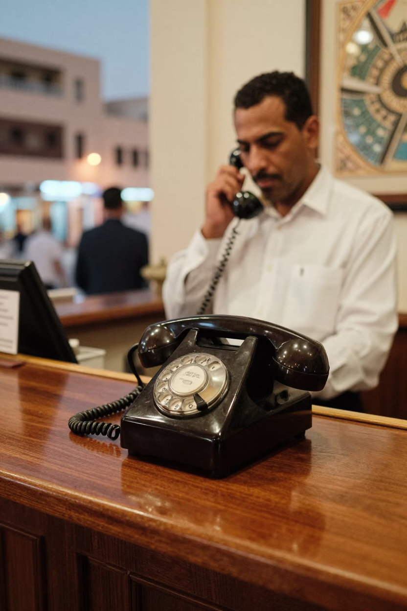Vintage Bakelite Telephone on Hotel Reception Desk in Casablanca Morocco at Dusk in in Casablanca, Morocco