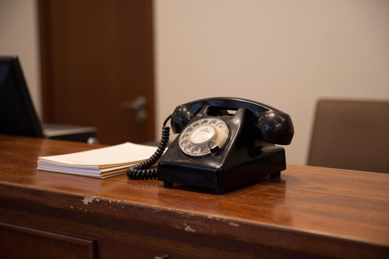 Vintage Bakelite Telephone on Hotel Reception Desk in Copper-Toned Light Kuala Malaysia in in Kuala Lumpur, Malaysia