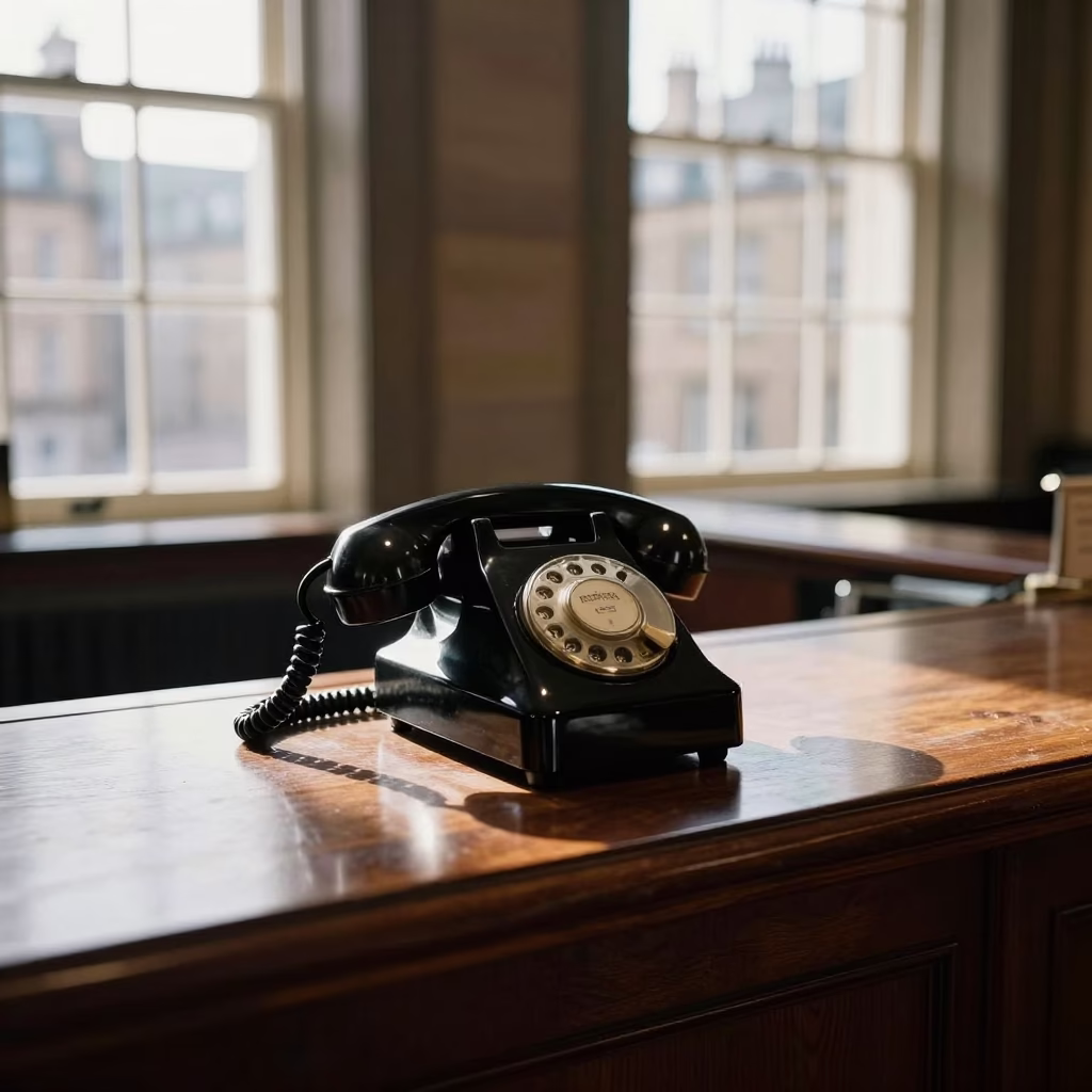 Vintage Bakelite Telephone on Hotel Reception Desk in Edinburgh Late Afternoon in in Edinburgh, United Kingdom