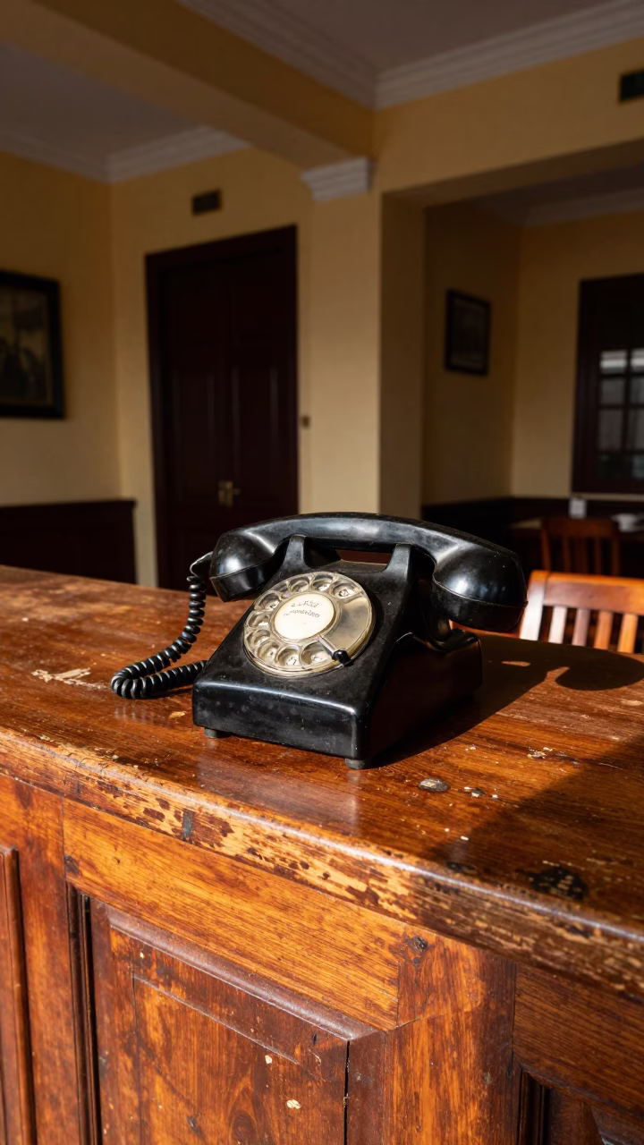 Vintage Bakelite Telephone on Hotel Reception Desk in Hanoi Late Afternoon Light 1980s in in Hanoi, Vietnam