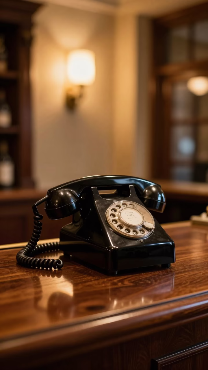 Vintage Bakelite Telephone on Hotel Reception Desk in London Evening Light in in London, United Kingdom
