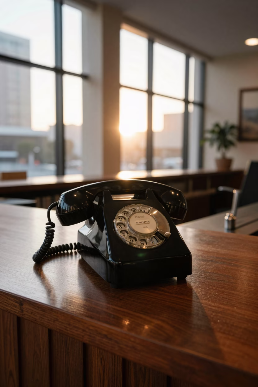 Vintage Bakelite Telephone on Hotel Reception Desk in Los Angeles California Just After Sunrise in in Los Angeles, California, United States