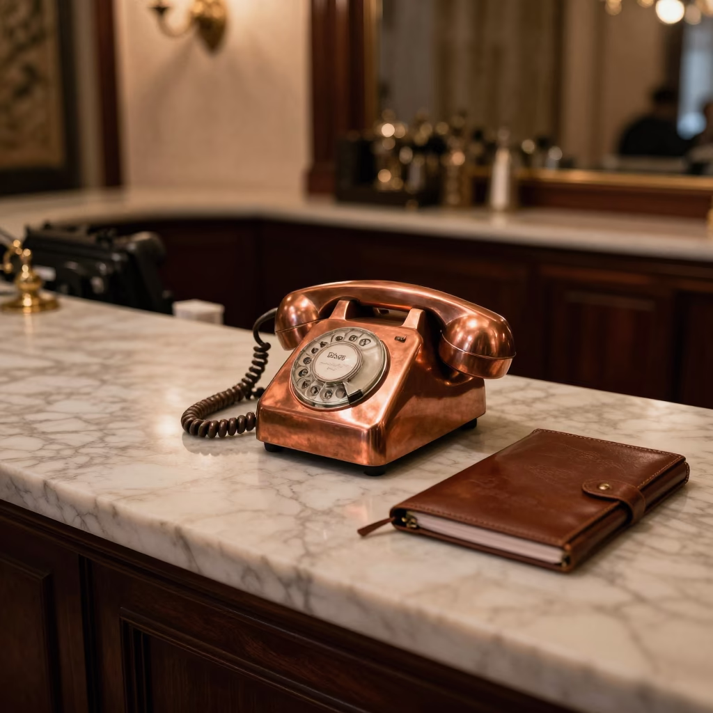 Vintage Bakelite Telephone on Hotel Reception Desk in Madrid Spain Before Dusk in in Madrid, Spain