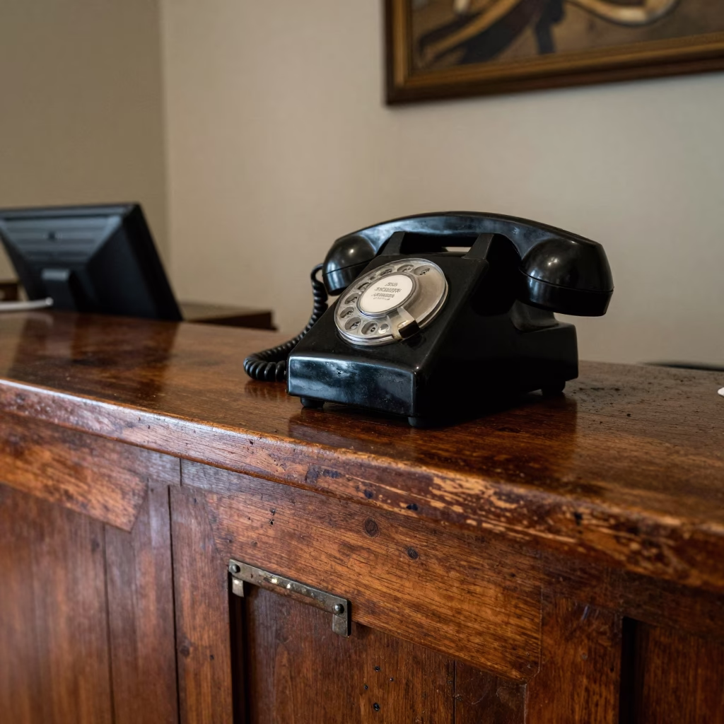 Vintage Bakelite Telephone on Hotel Reception Desk in Medellin Colombia at Midnight in in Medellin, Colombia