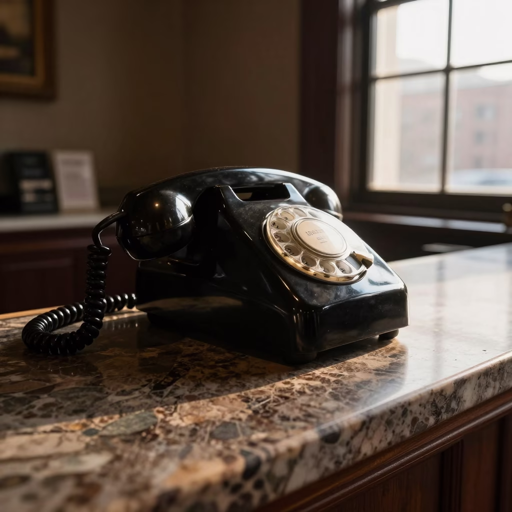 Vintage Bakelite Telephone on Hotel Reception Desk in New York City at Sunset in in New York, New York, United States