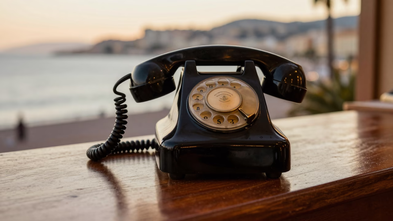 Vintage Bakelite telephone on hotel reception desk in Nice France at sunset in in Nice, France