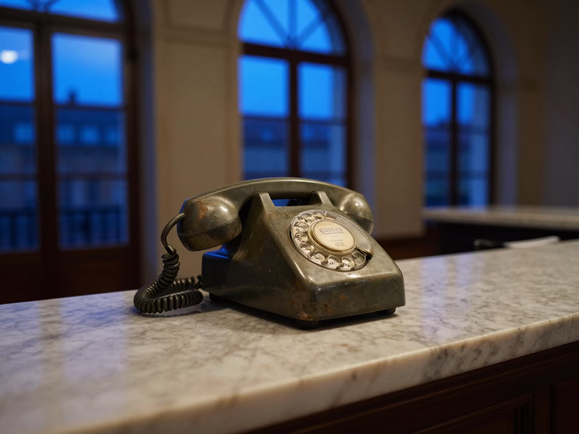 Vintage Bakelite Telephone on Hotel Reception Desk in Nice France During Blue Hour in in Nice, France