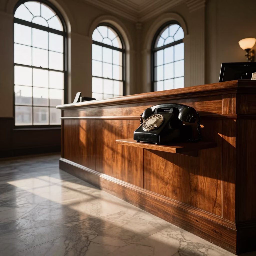 Vintage Bakelite Telephone on Hotel Reception Desk in Philadelphia at Sunset in in Philadelphia, Pennsylvania, United States
