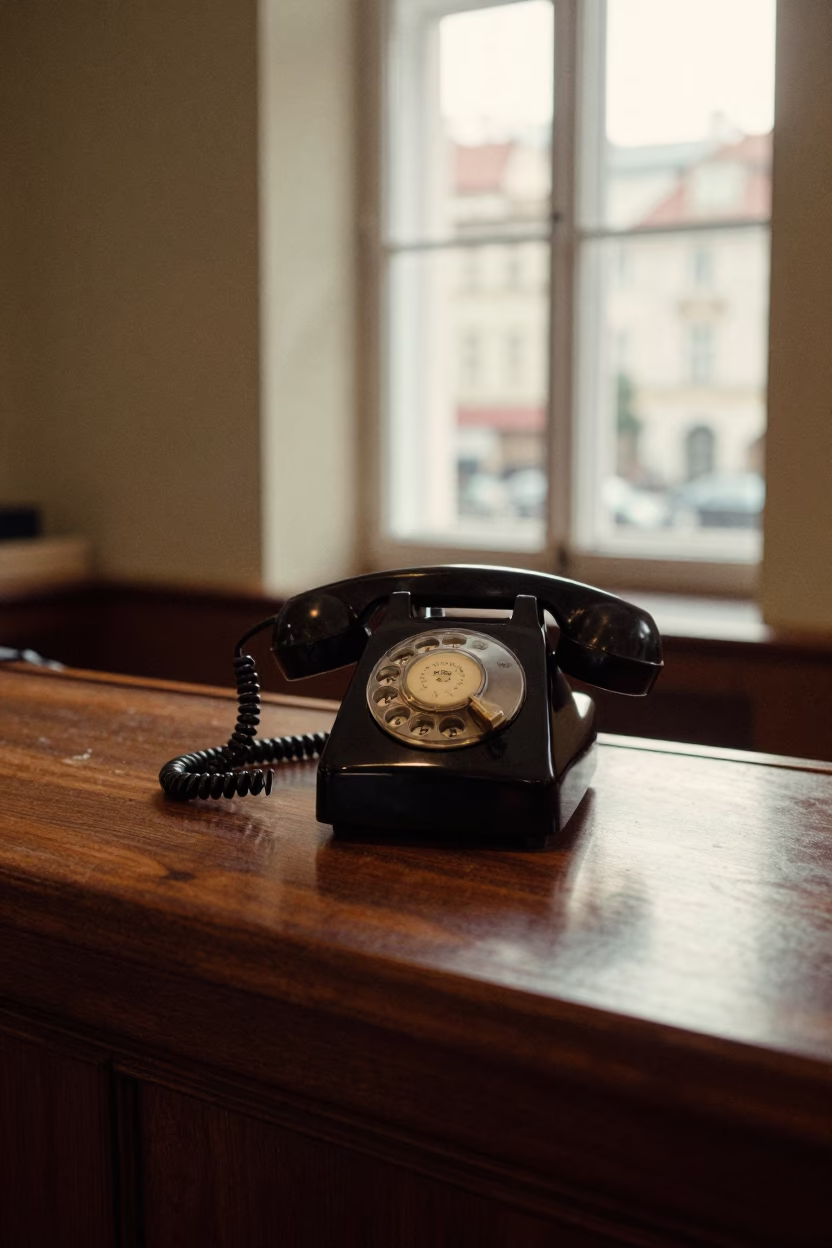 Vintage Bakelite Telephone on Hotel Reception Desk in Prague Just After Sunrise in in Prague, Czech Republic