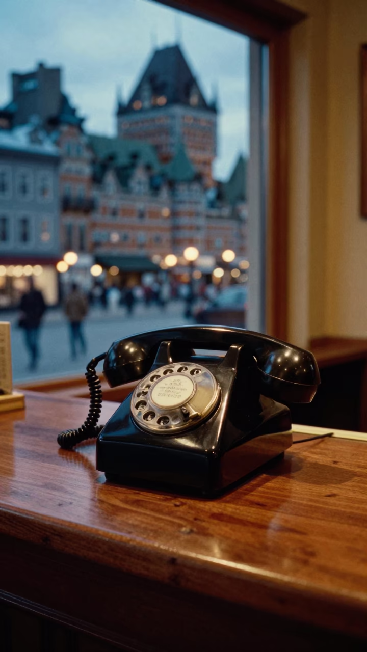 Vintage Bakelite Telephone on Hotel Reception Desk in Quebec City Early Evening in in Quebec City, Quebec, Canada