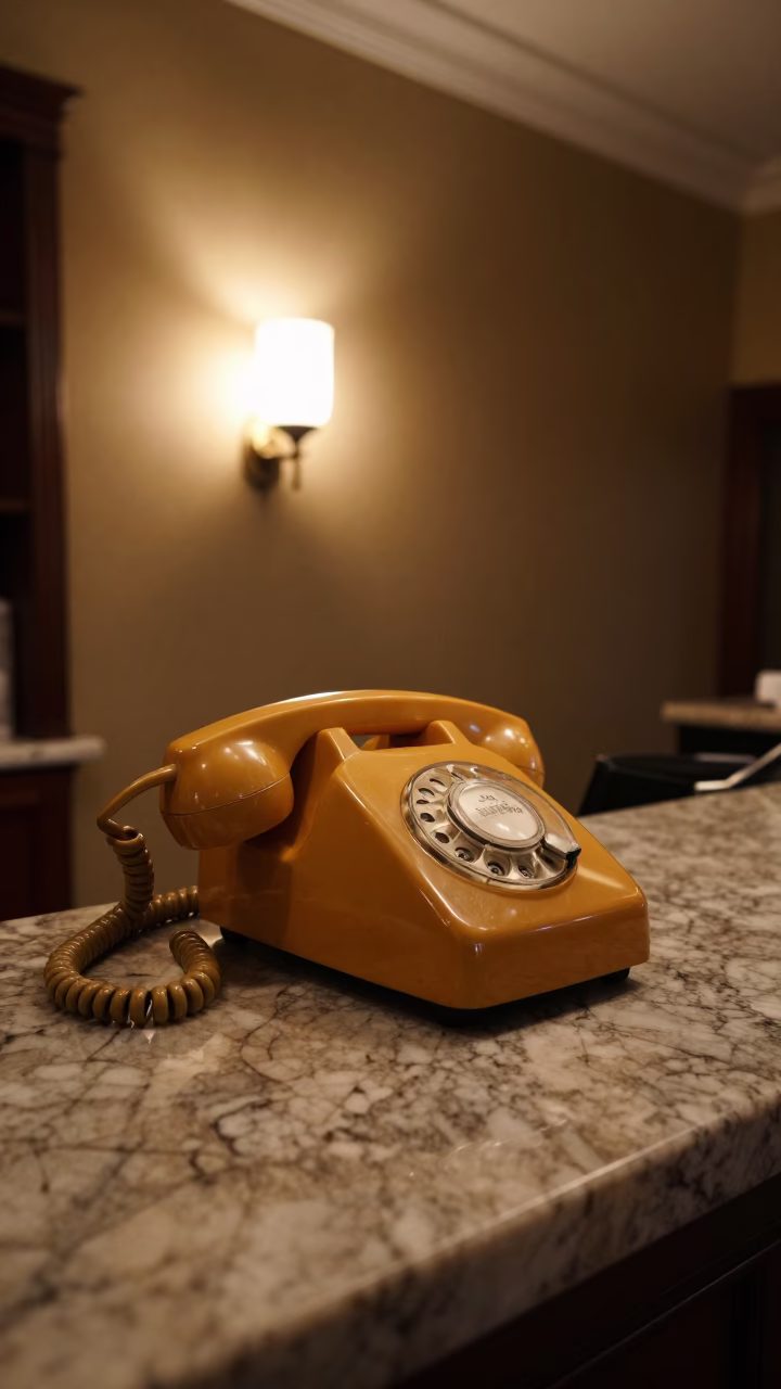 Vintage Bakelite Telephone on Hotel Reception Desk in Rome at Midnight in in Rome, Italy