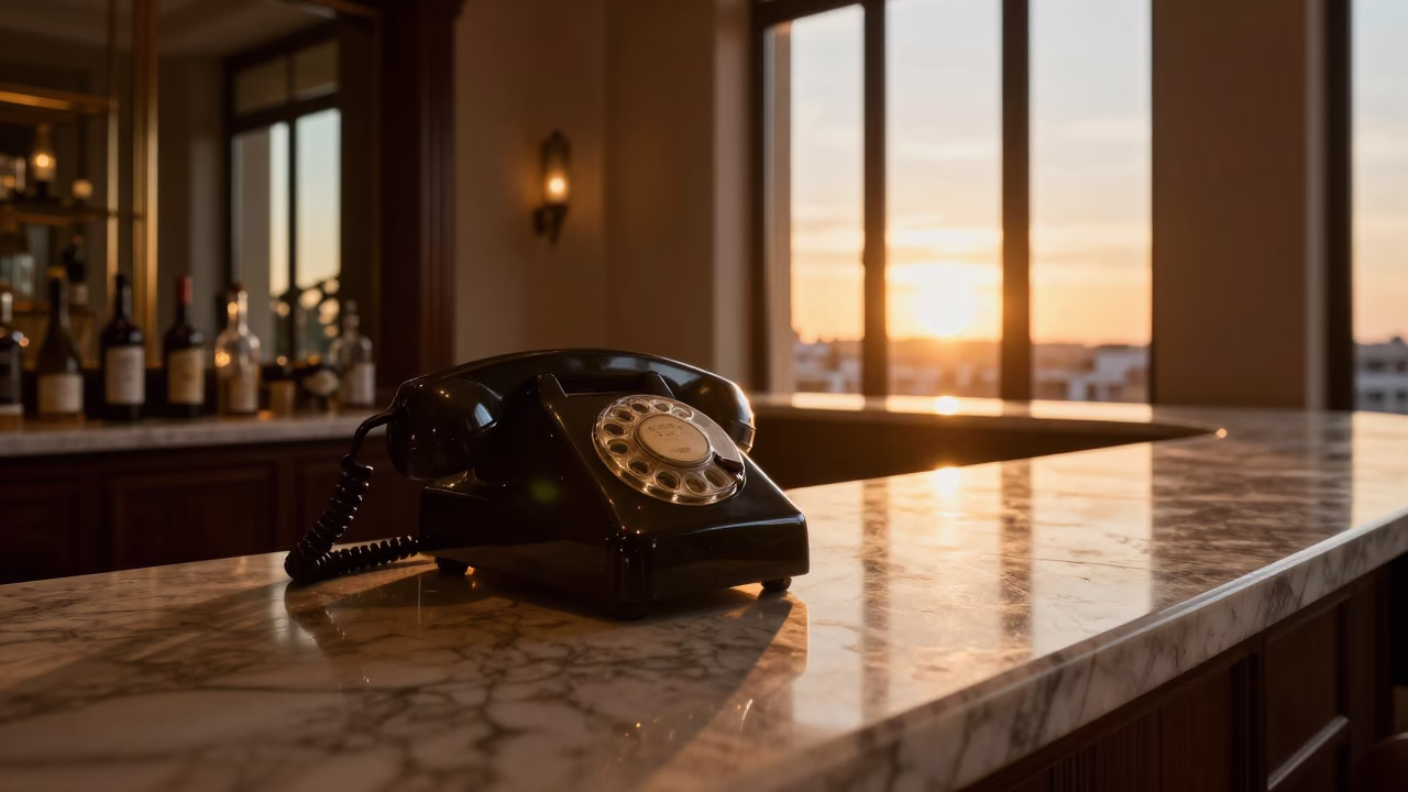 Vintage Bakelite Telephone on Hotel Reception Desk in Valencia Spain at Sunset in in Valencia, Spain