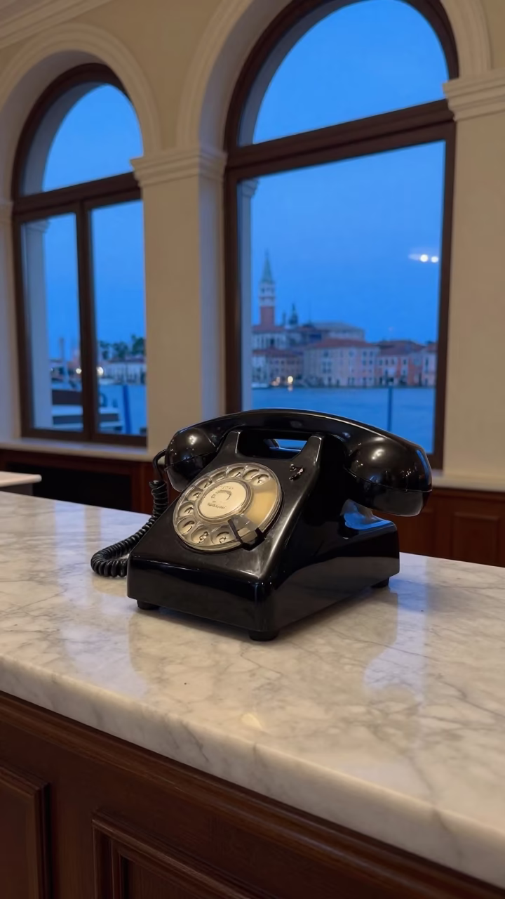 Vintage Bakelite Telephone on Hotel Reception Desk in Venice Evening Blue Light in in Venice, Italy