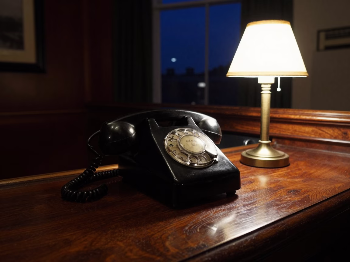 Vintage Bakelite Telephone on Hotel Reception Desk Under Deep Night Sky in London in in London, United Kingdom