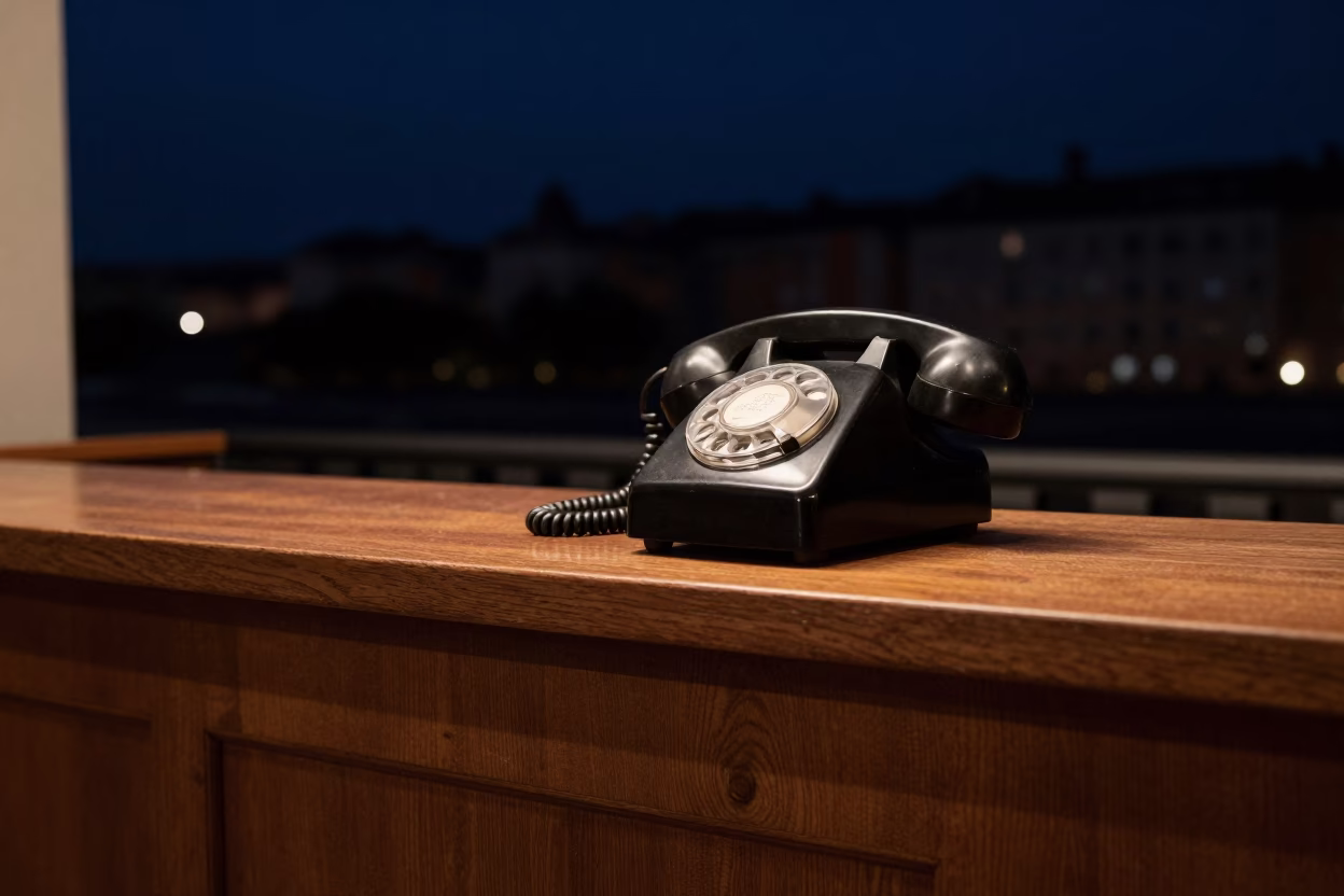 Vintage Bakelite Telephone on Hotel Reception Desk Under Deep Night Sky in Lyon France in in Lyon, France