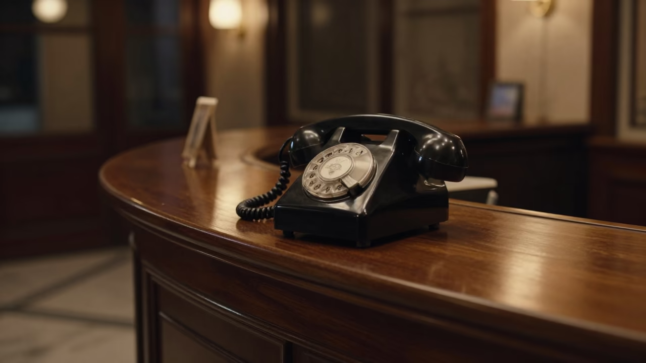 Vintage Bakelite Telephone on Istanbul Hotel Reception Desk Deep in the Night in in Istanbul, Turkey