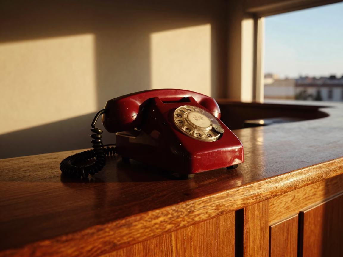 Vintage Bakelite Telephone on Lisbon Hotel Reception Desk at Sunset in in Lisbon, Portugal