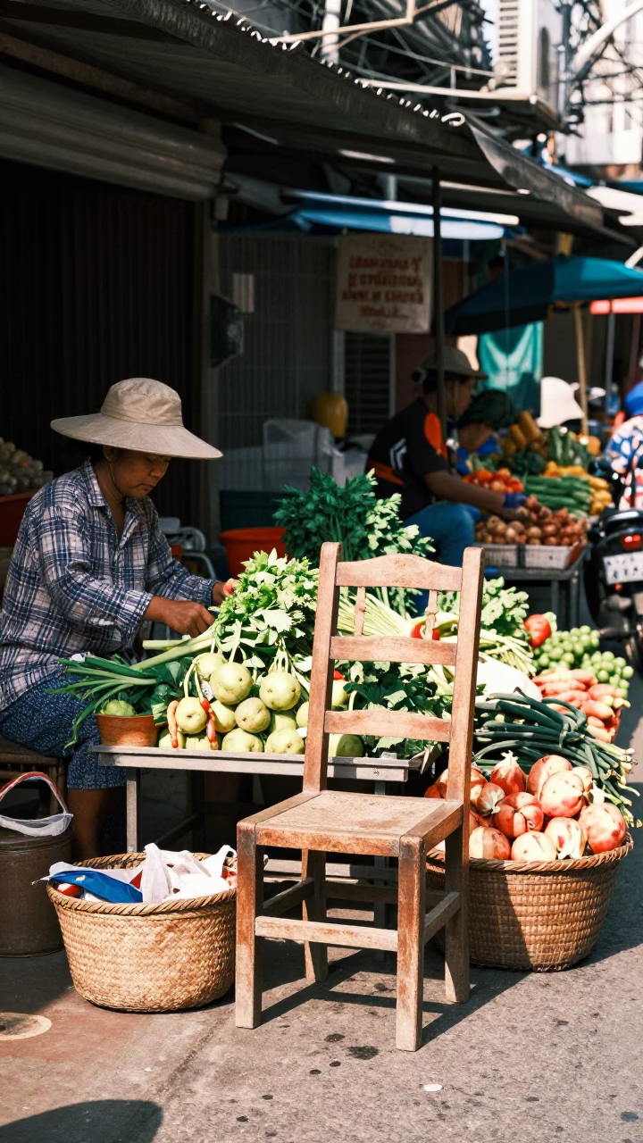 Vintage Bangkok Street Scene Midmorning Light with Ladder-Back Chair and Basket in in Bangkok, Thailand