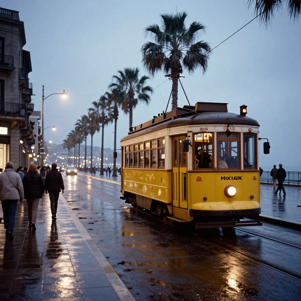Vintage Barcelona Evening Street Scene with Heritage Tram and Potted Herbs in in Barcelona, Spain