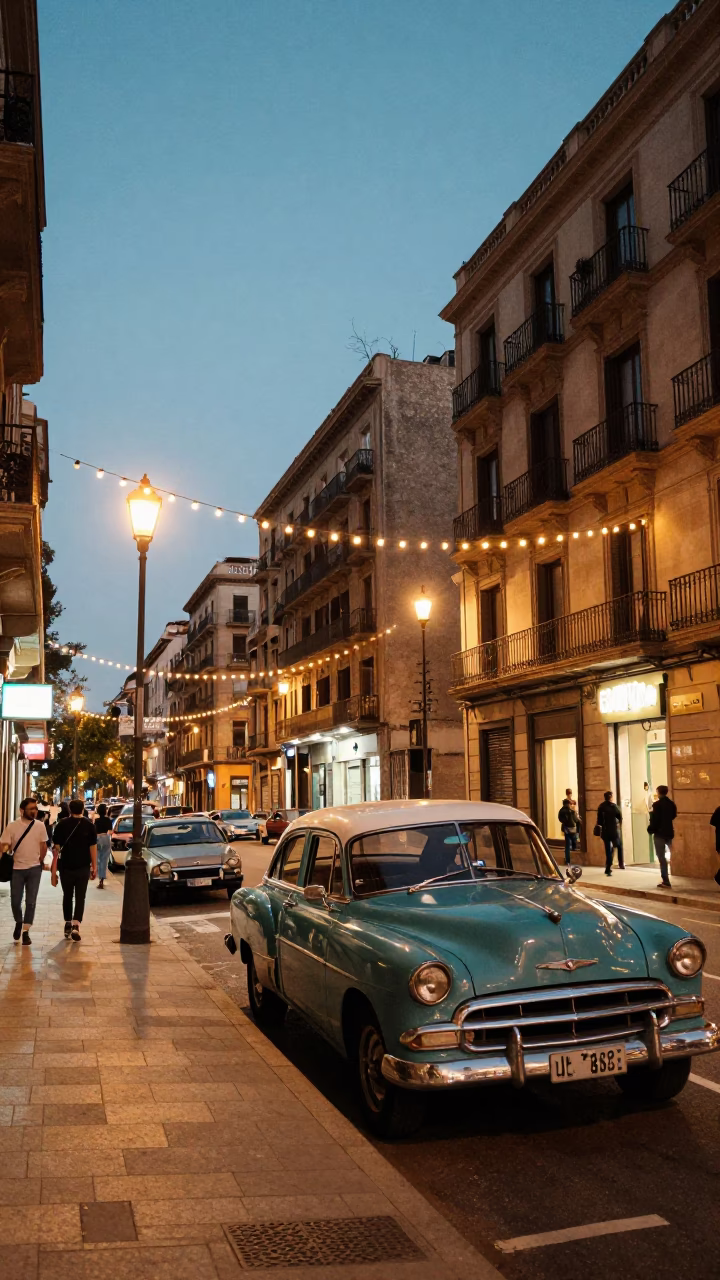 Vintage Barcelona Street Scene with String Lights and Classic Cars at Dusk in in Barcelona, Spain