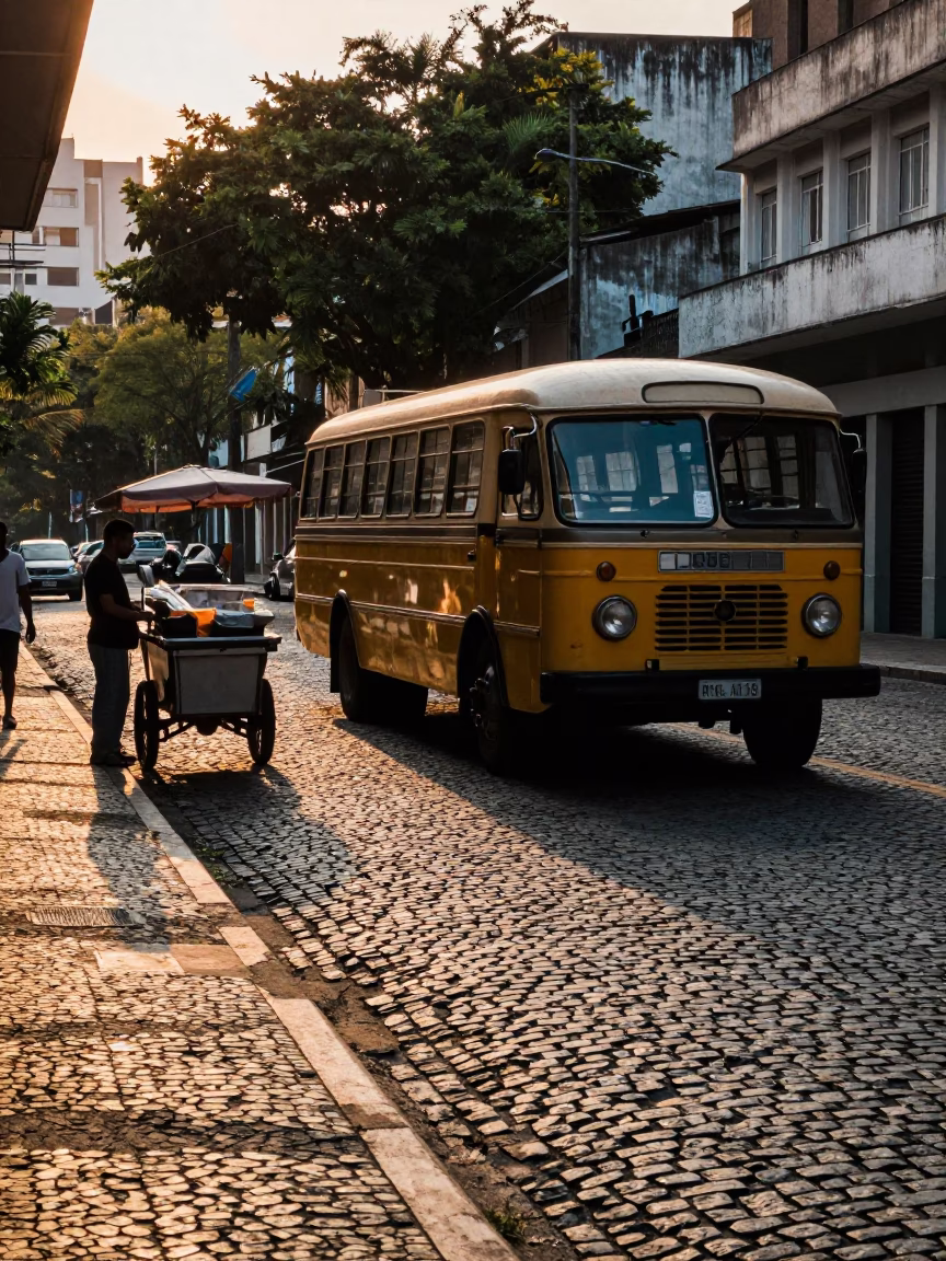 Vintage Bedford Bus and Cobblestone Street at Dawn in São Paulo Brazil in in São Paulo, Brazil