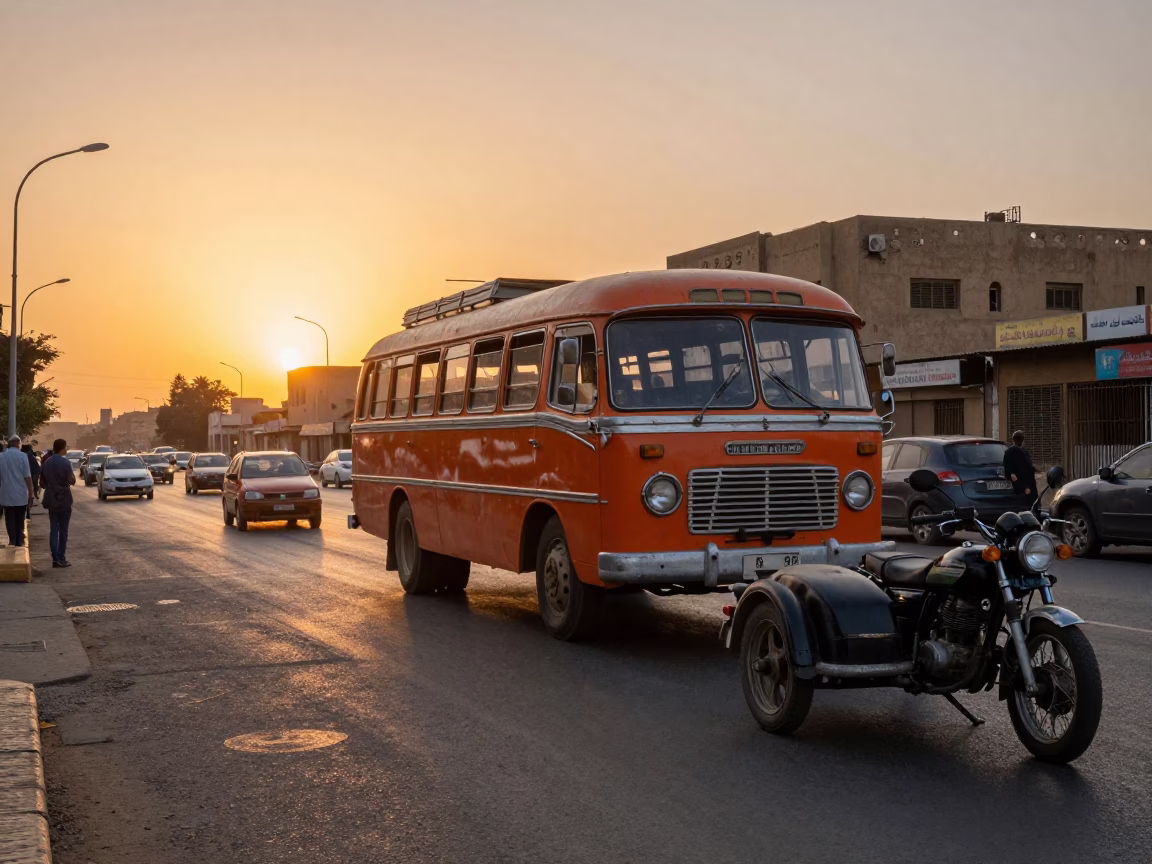 Vintage Bedford Bus and Motorcycle in Cairo Egypt at Sunset with Busy Street Life in in Cairo, Egypt