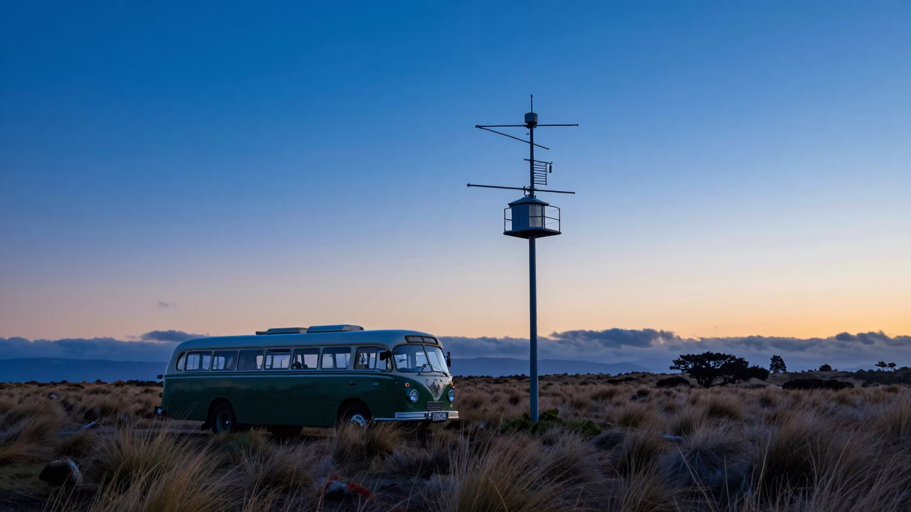 Vintage Bedford Bus and Weather Station in Pre-Dawn Christchurch New Zealand in in Christchurch, New Zealand