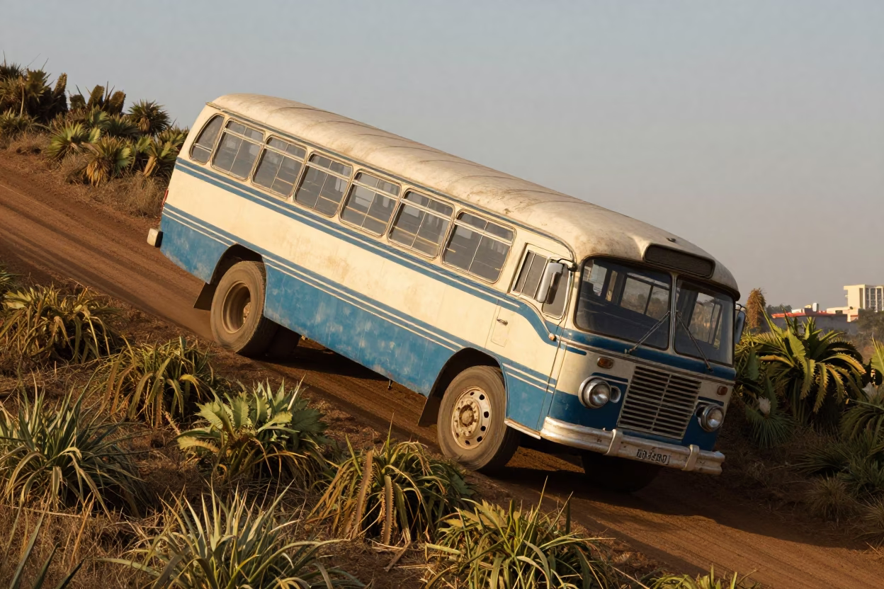 Vintage Bedford Bus Climbing Johannesburg Hill in Late Afternoon Light in in Johannesburg, South Africa