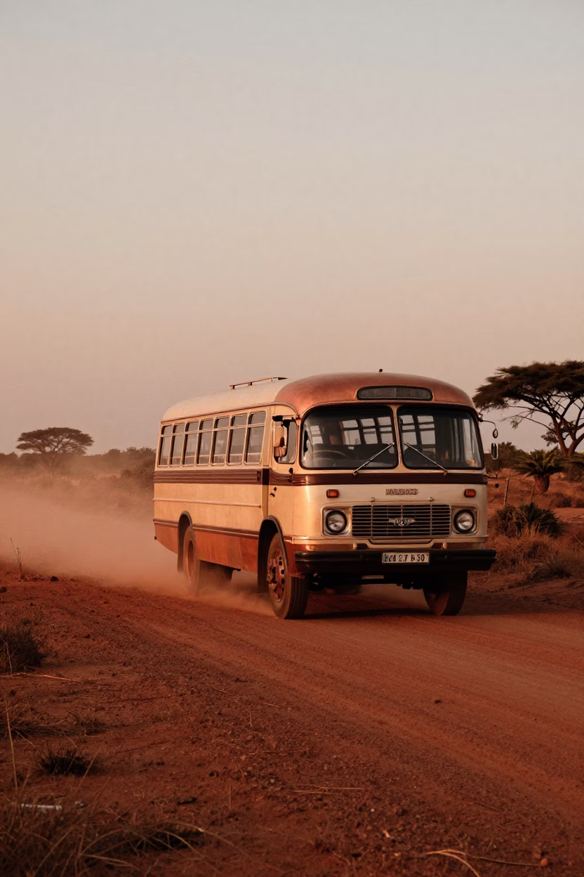 Vintage Bedford Bus on Dusty Durban Highway in Copper-Toned Dusk Light in in Durban, South Africa