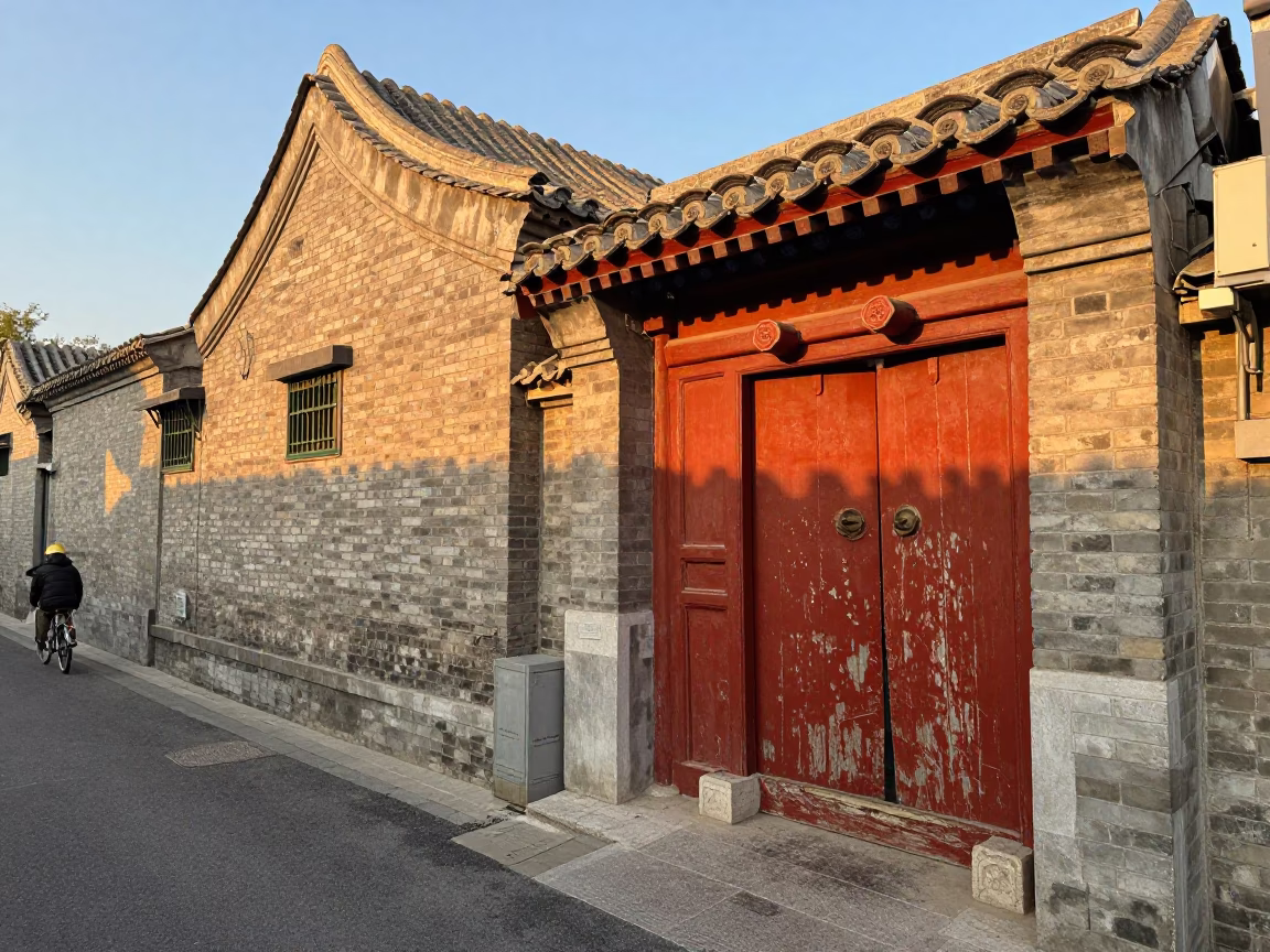 Vintage Beijing Street Scene at Golden Hour with Traditional Architecture and Local Life in in Beijing, China