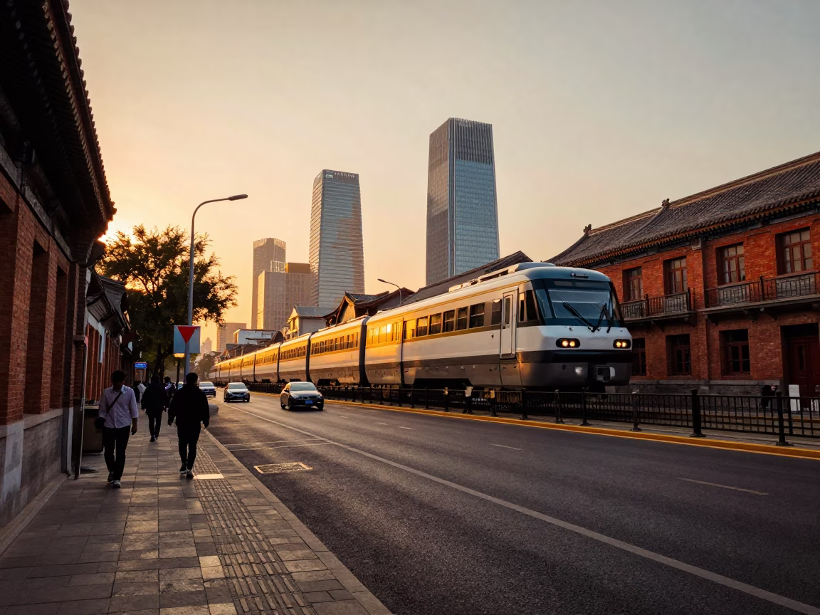 Vintage Beijing Street Scene at Sunset with Monorail and Glass Towers in in Beijing, China