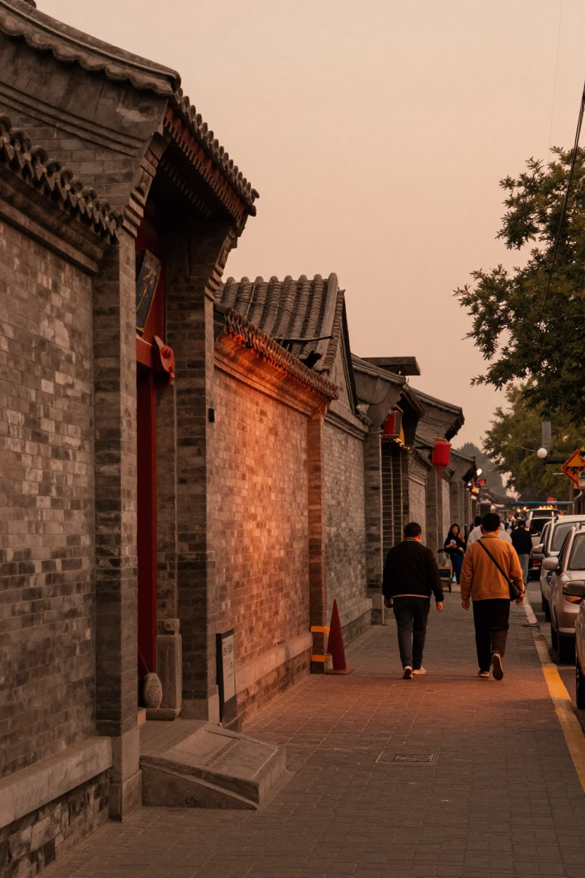 Vintage Beijing Street Scene in Copper Dusk Light with Traditional Architecture and Daily Life in in Beijing, China