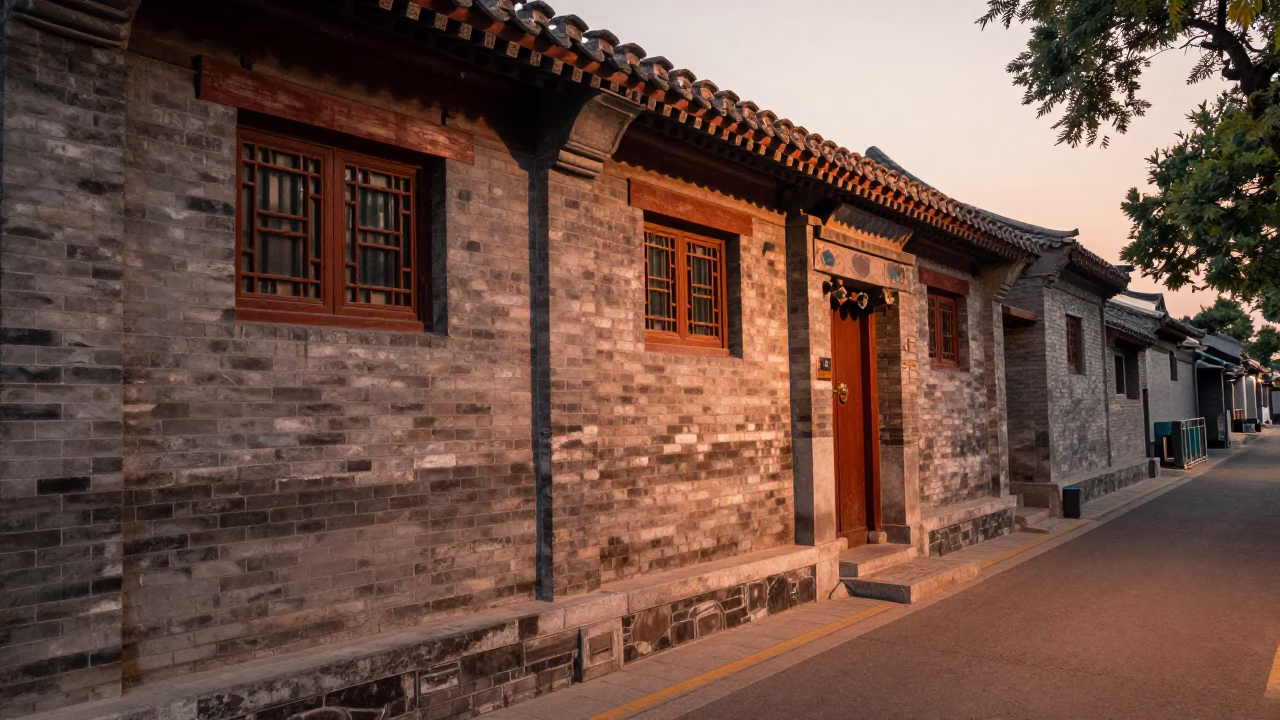 Vintage Beijing Street Scene in Copper Dusk Light with Traditional Hutong Alleyway in in Beijing, China