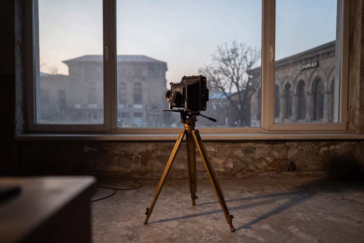 Vintage Bellows Camera on Brass Tripod in Yerevan Studio in in the old quarter in Yerevan