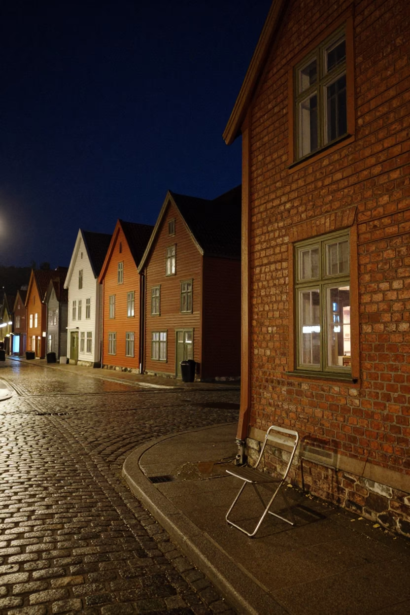 Vintage Bergen Norway Night Street Scene with Folding Chair and Storage Tins in in Bergen, Norway