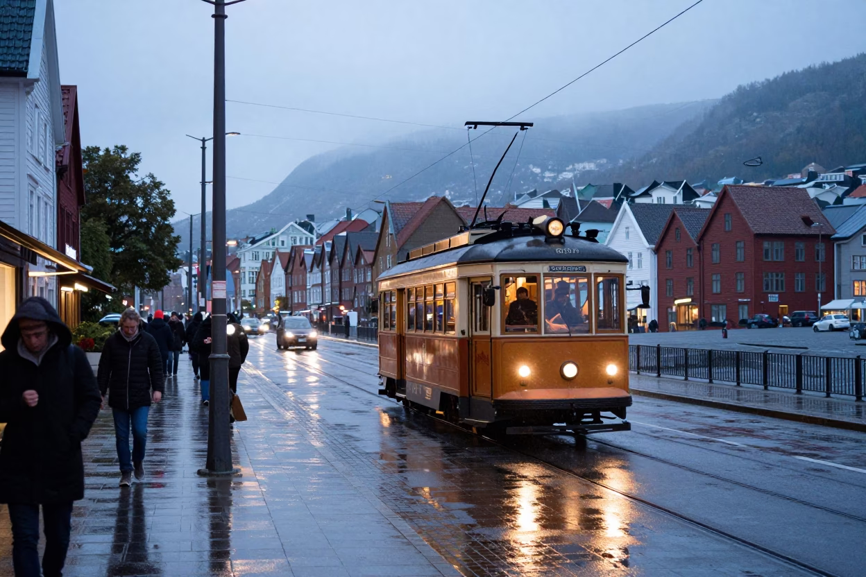 Vintage Bergen Tram on Rainy Promenade Pre-Dawn Light with Local Commuters in in Bergen, Norway